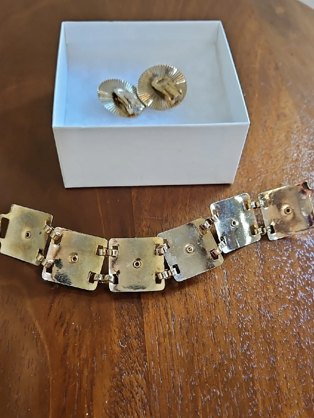 Vintage Gold-Tone Iridescent Stone Clip Earrings and Bracelet‎ Set